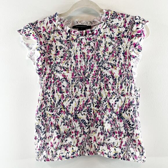French Connection Ruffle Short Sleeve Smocked Top Blouse Pink Floral Large - Picture 1 of 6